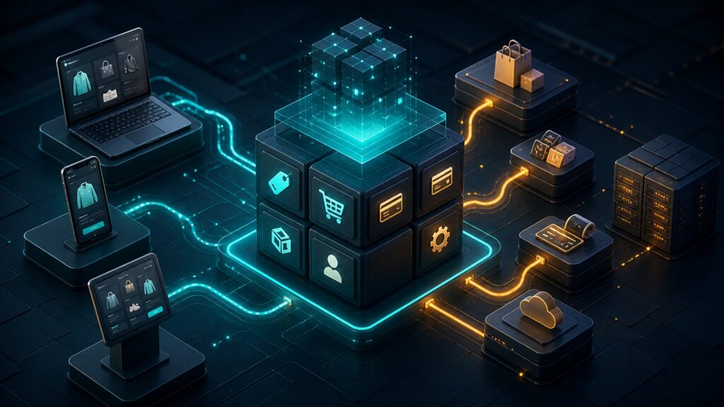 Editorial business scene illustrating headless ecommerce platforms work