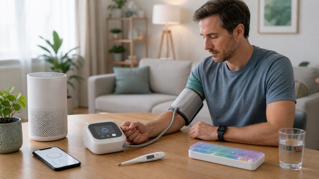 Person using an unbranded blood pressure monitor beside several consumer health products at home