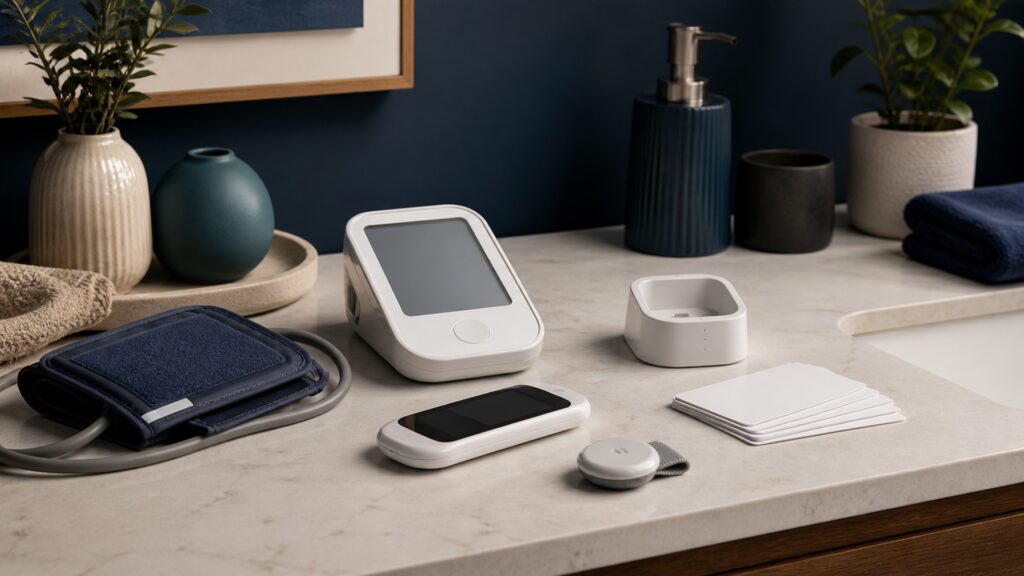 People-free editorial still life illustrating cardiovascular signal sensor acquisition processing display and clinical-context pathway