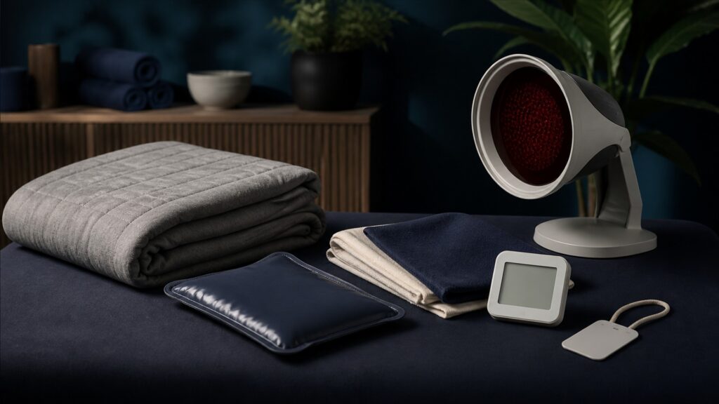People-free editorial still life illustrating energy source heat transfer temperature rise sensory response exposure control and cooldown pathway