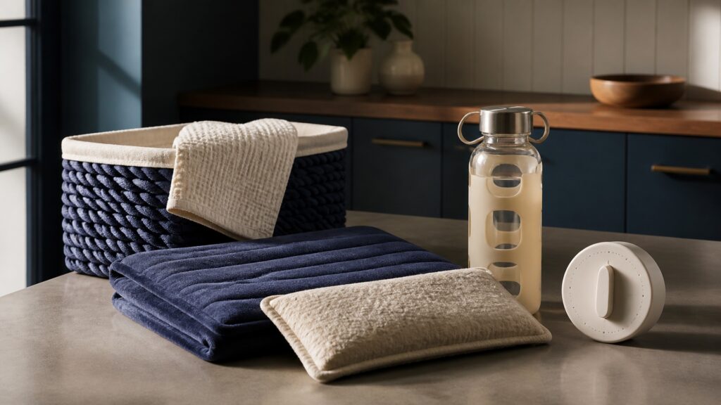 People-free editorial still life illustrating heater output warmup tissue comfort controller and shutoff pathway