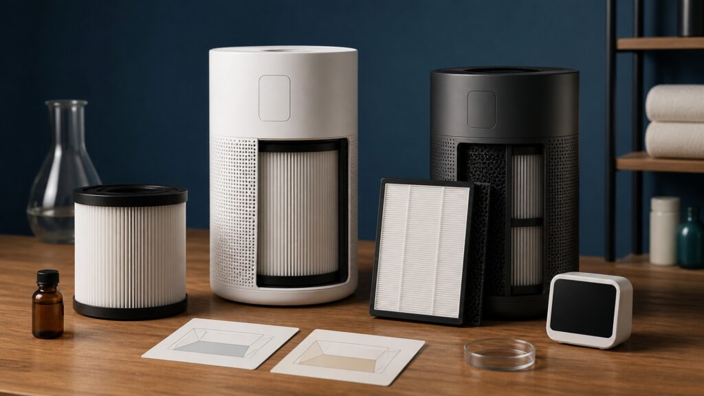 People-free editorial still life illustrating room air intake fan airflow HEPA media particle capture clean air delivery mixing runtime and filter loading