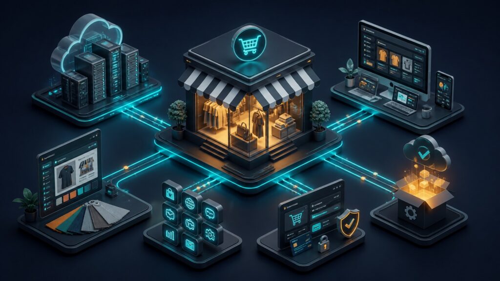 Editorial business scene illustrating hosted ecommerce platforms work