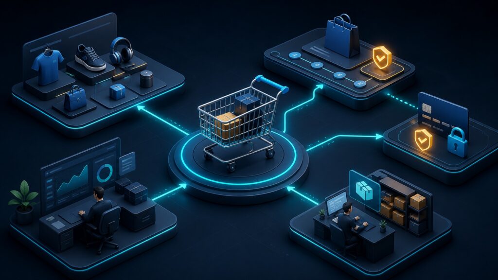 Editorial business scene illustrating hosted shopping cart platforms work