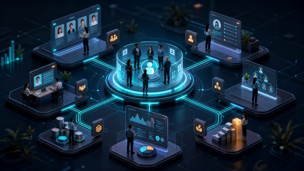 Editorial business scene illustrating human capital management platforms work