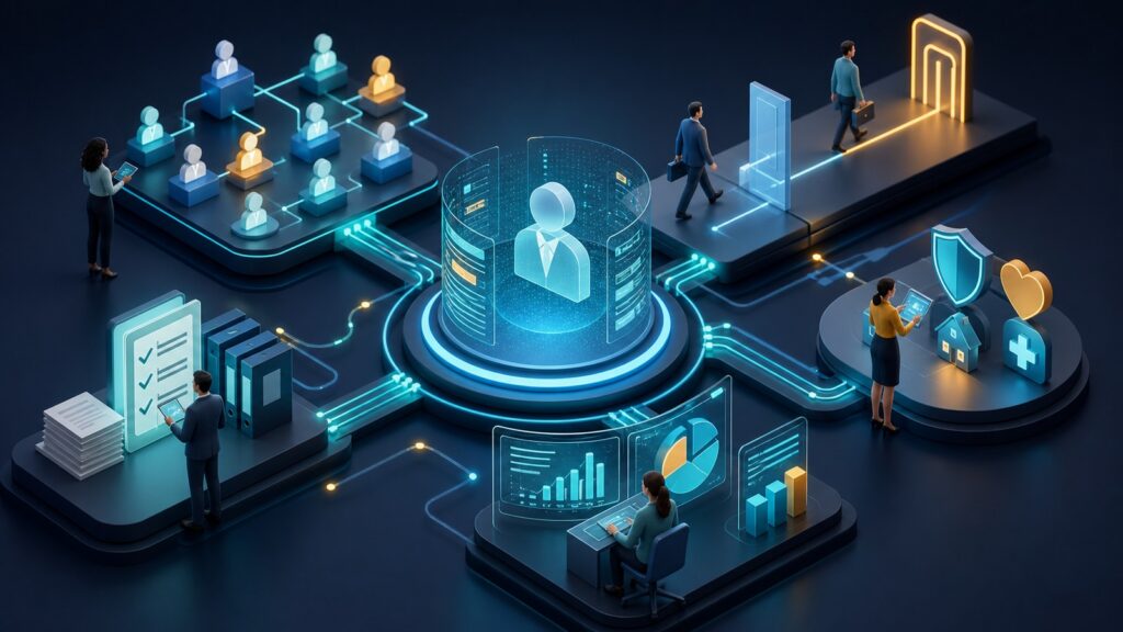 Editorial business scene illustrating human resource information systems (hris) work