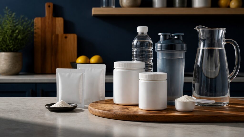 People-free editorial still life illustrating fluid solute absorption distribution and functional ingredient pathway