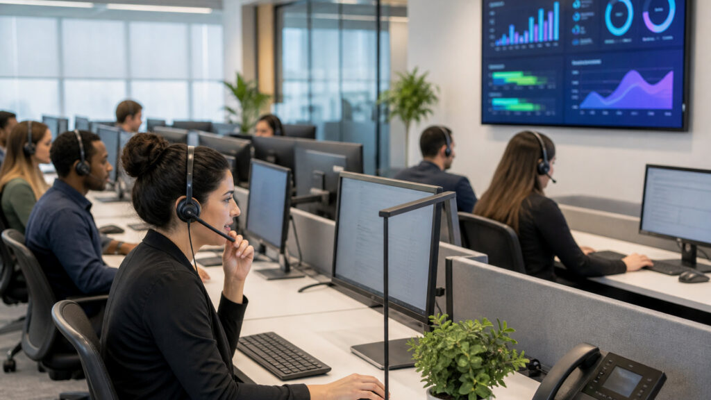Editorial business scene illustrating inbound call center platforms work