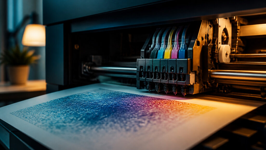 Editorial business scene illustrating inkjet office printers work