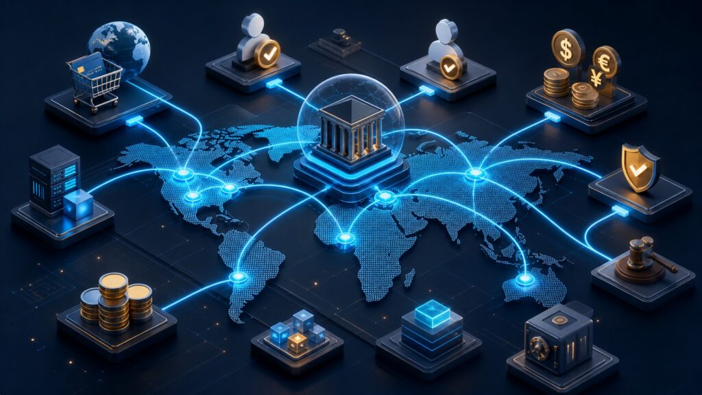 Editorial business scene illustrating international merchant accounts work