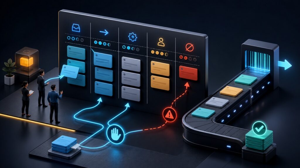Editorial business scene illustrating kanban project management software