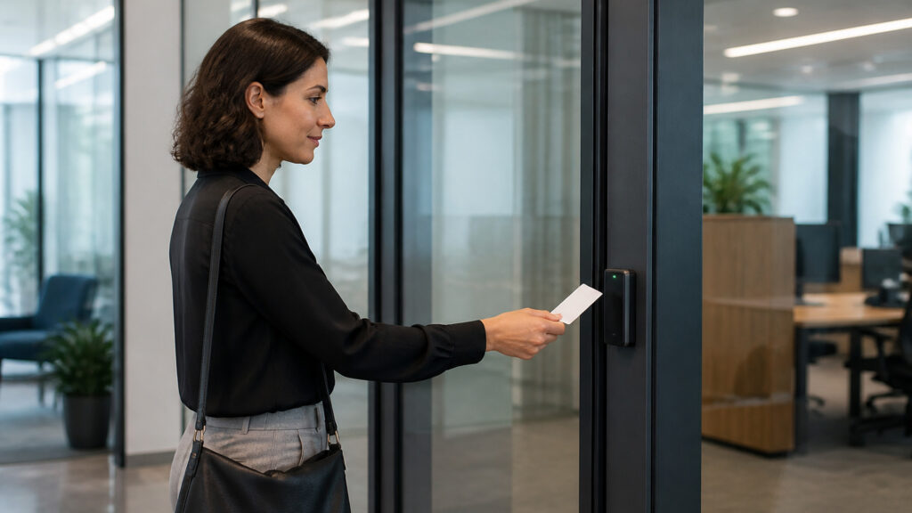 Editorial business scene illustrating keycard access systems work