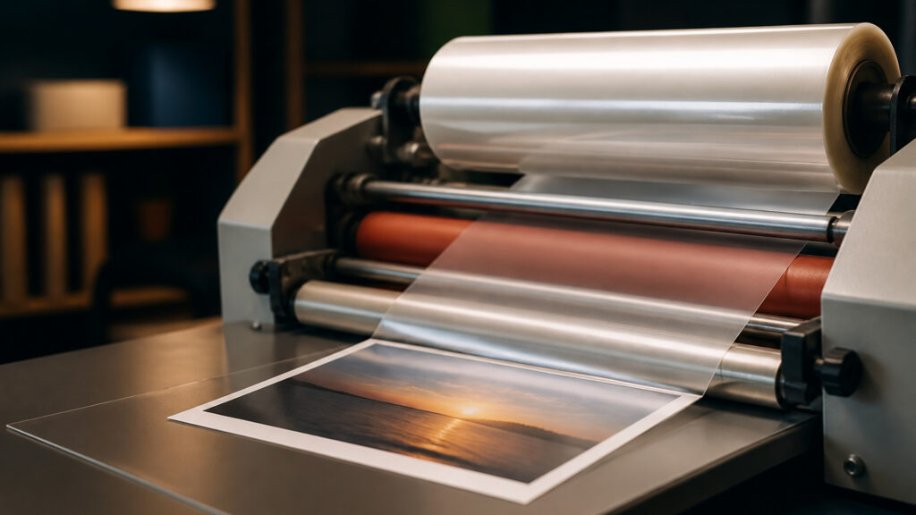 Editorial business scene illustrating laminating machines work