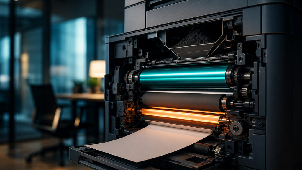 Editorial business scene illustrating laser office printers work