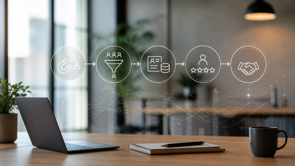 Editorial business scene illustrating lead generation software