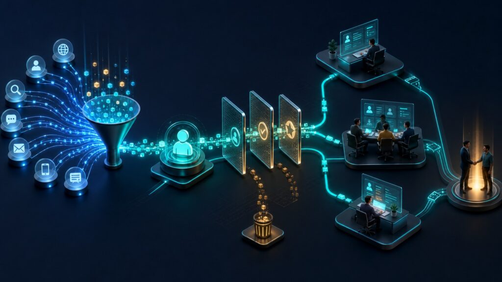 Editorial business scene illustrating lead management software