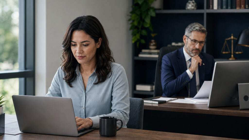 Editorial business scene illustrating legal document management software