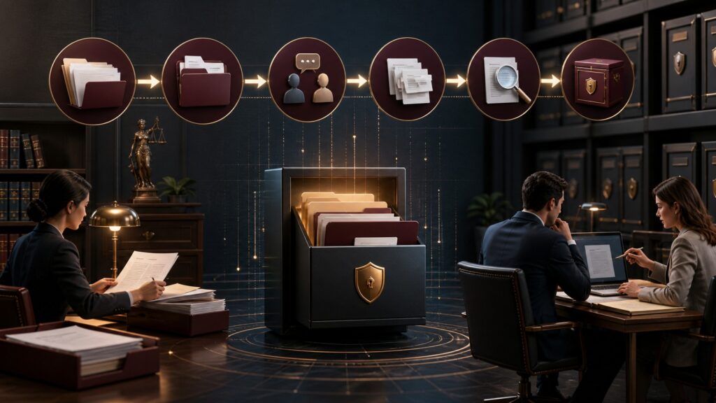 Editorial business scene illustrating legal document management software