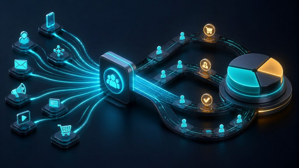 Editorial business scene illustrating marketing attribution software
