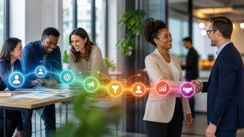 Editorial business scene illustrating marketing & sales tools