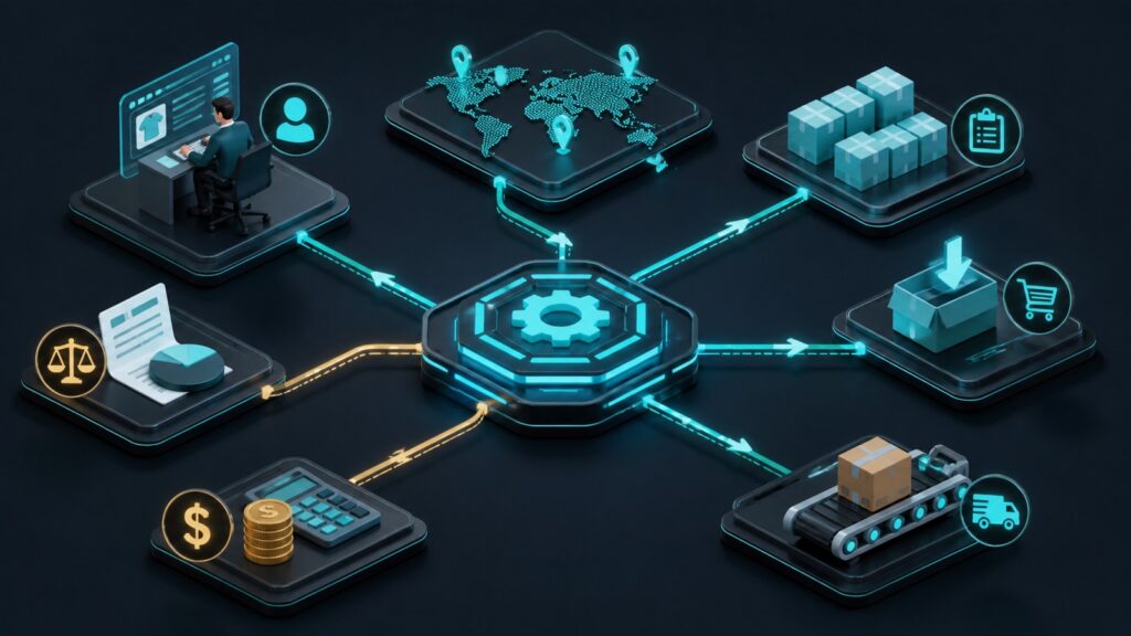 Editorial business scene illustrating marketplace integration platforms work