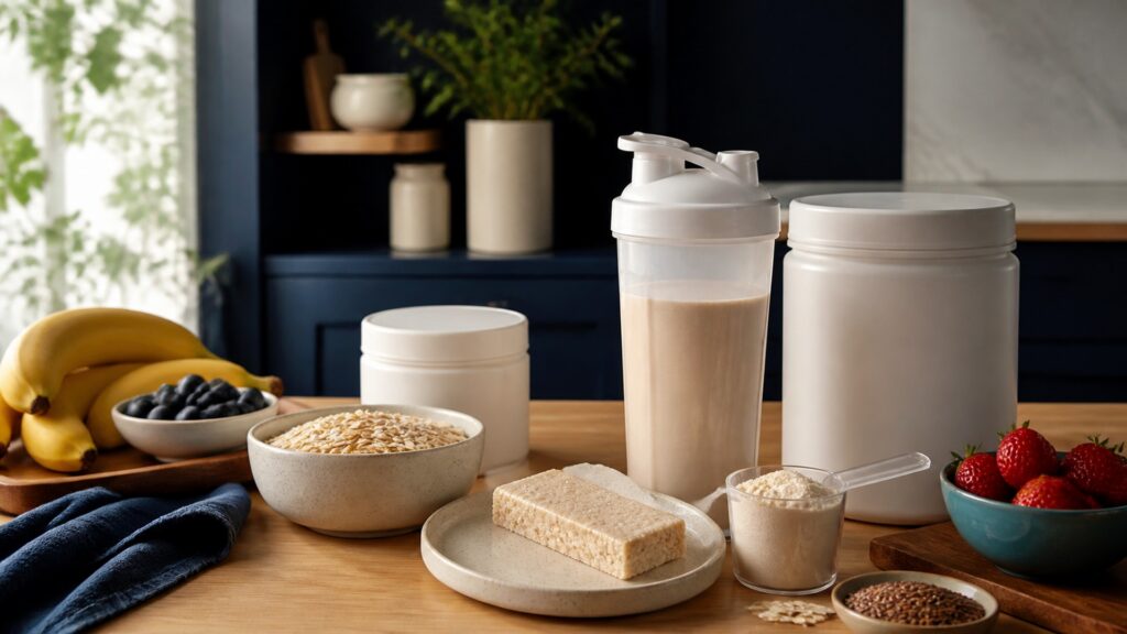 People-free editorial still life illustrating packaged nutrient dose meal substitution satiety and total diet pathway