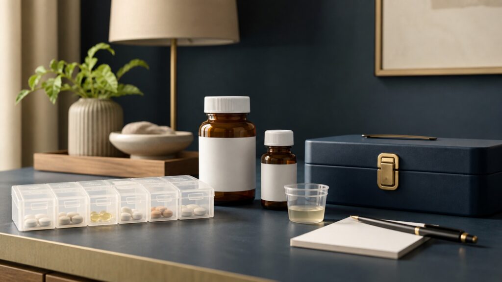 People-free editorial still life illustrating identity dose schedule administration and record pathway