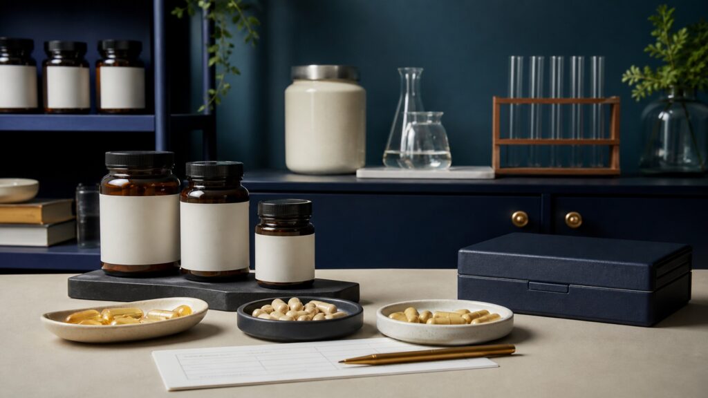 People-free editorial still life illustrating ingredient identity exposure physiologic target evidence boundary symptom context and clinical review