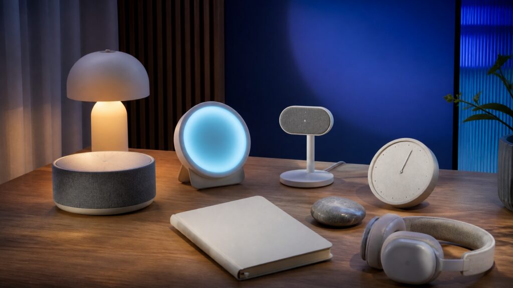 People-free mental wellness toolkit with sound machine, light, breathing device, blank journal, and calm timer in a quiet room