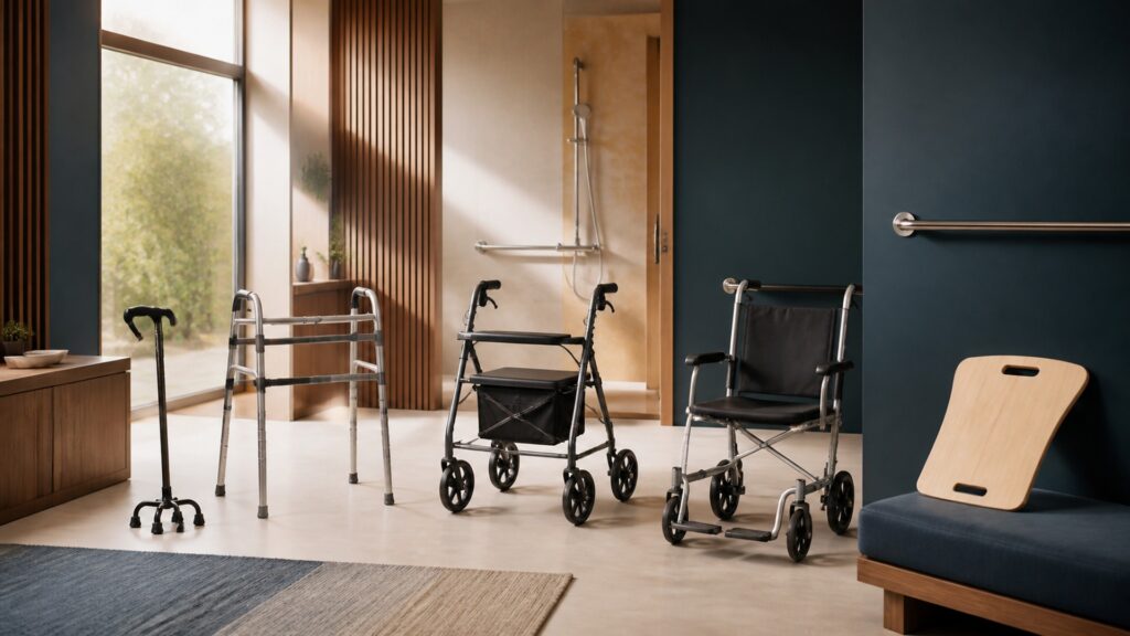 People-free editorial still life illustrating mobility & support products