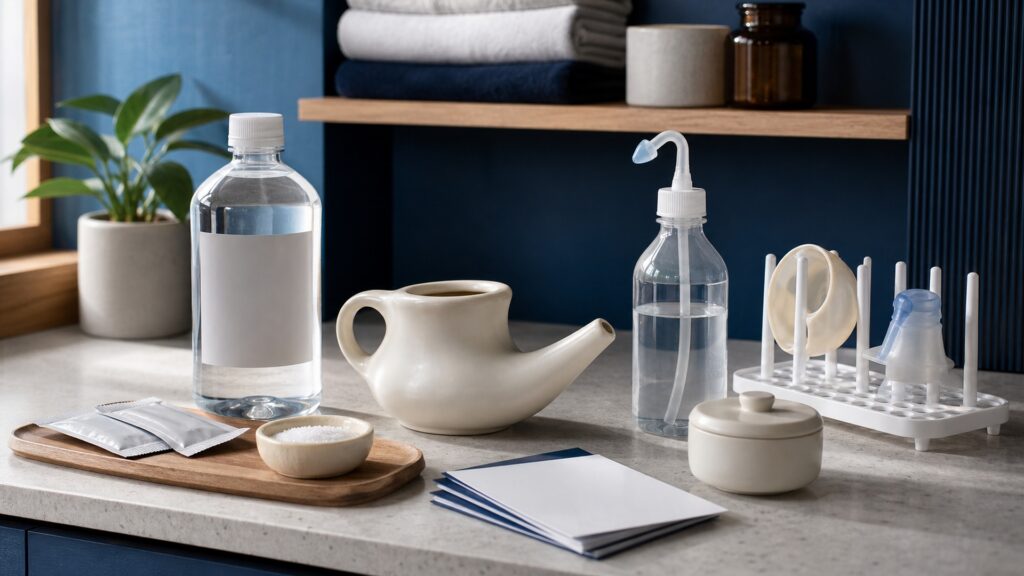 People-free editorial still life illustrating safe water saline concentration device flow nasal passage mucus clearance drainage cleaning drying and symptom review