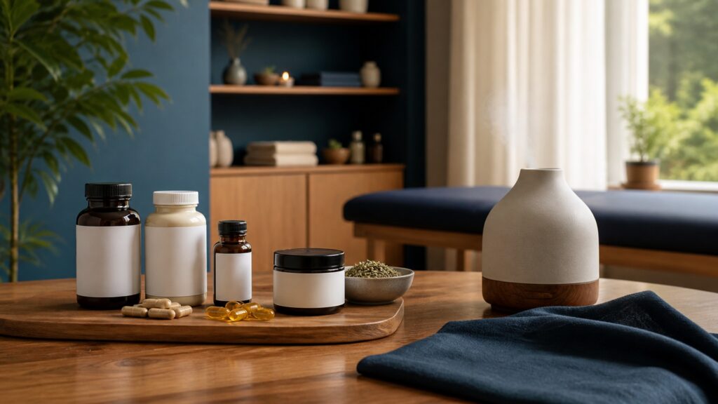 People-free editorial still life illustrating natural wellness products