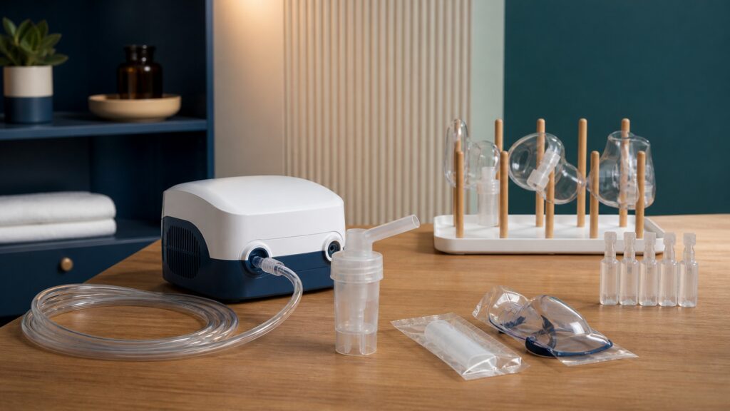 People-free editorial still life illustrating liquid medication compressor or mesh aerosol generation droplet transport inhalation deposition dose delivery and cleaning