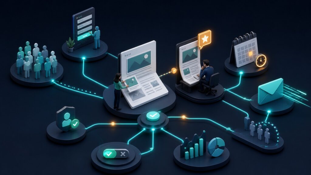 Editorial business scene illustrating newsletter marketing software