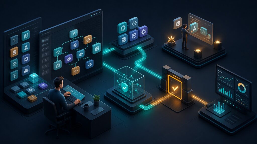 Editorial business scene illustrating no-code automation platforms work