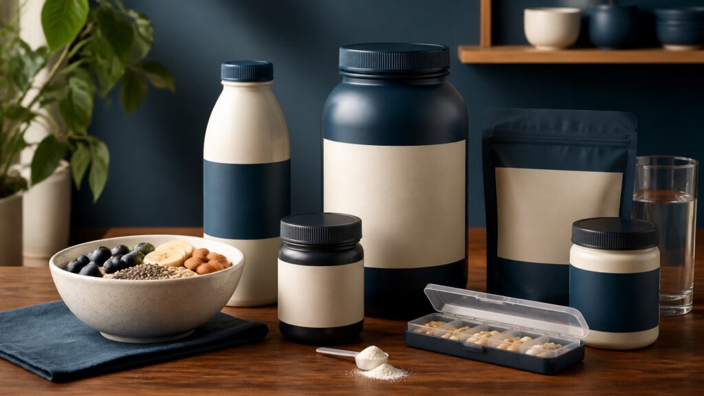 People-free editorial still life illustrating nutrition products