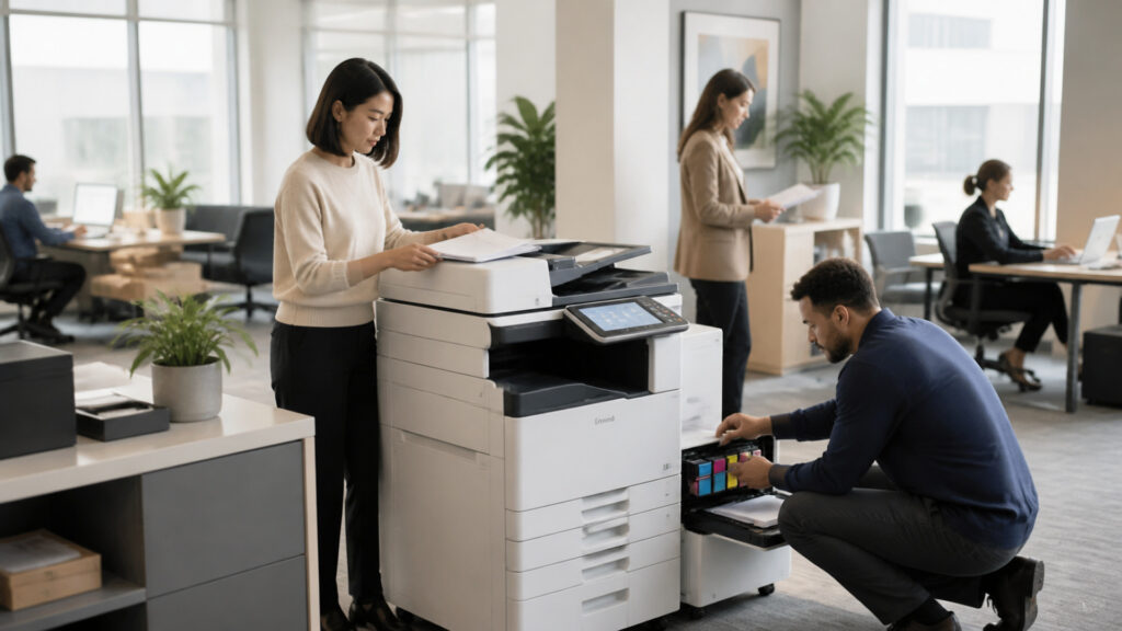 Editorial business scene illustrating office machines work
