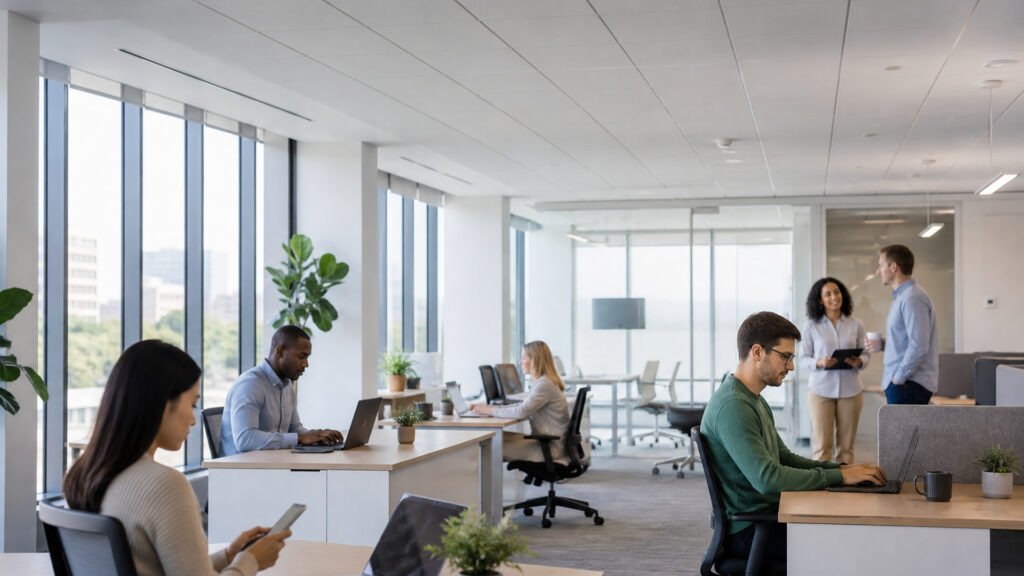 Editorial business scene illustrating office wifi systems work