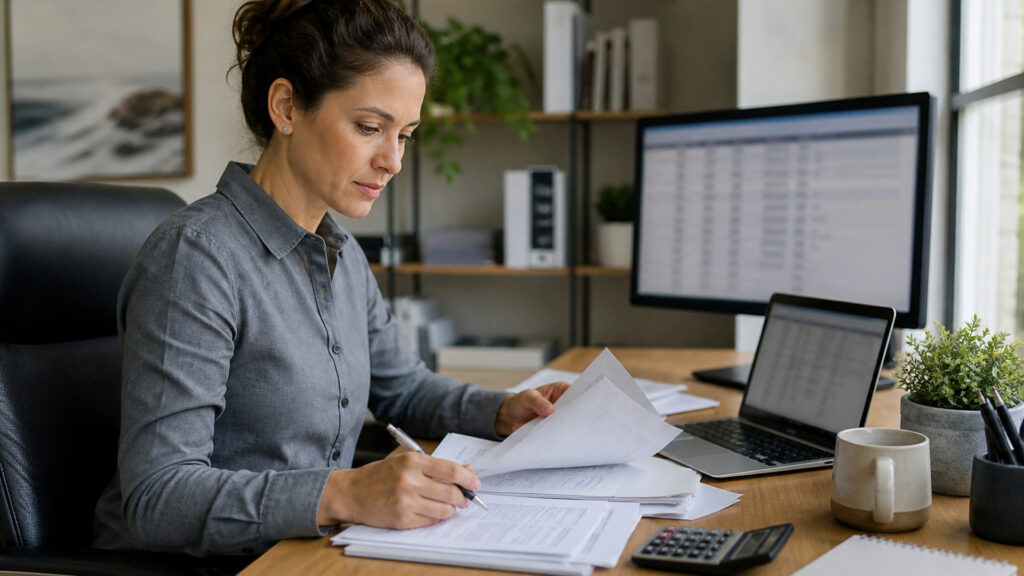 Editorial business scene illustrating online bookkeeping services work