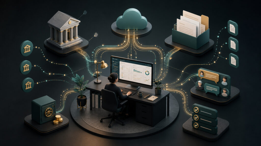 Editorial business scene illustrating online bookkeeping software