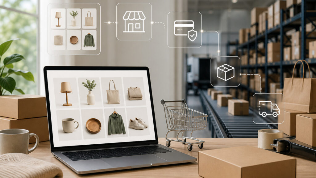 Editorial business scene illustrating online store platforms work
