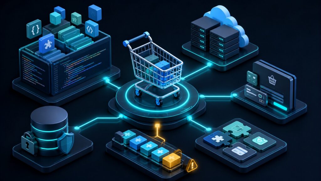Editorial business scene illustrating open source shopping cart software