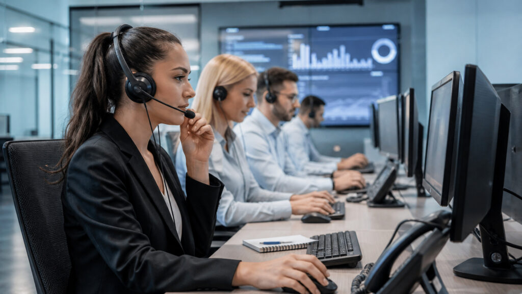 Editorial business scene illustrating outbound call center software