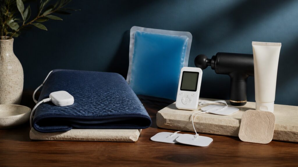 People-free editorial still life illustrating pain relief products