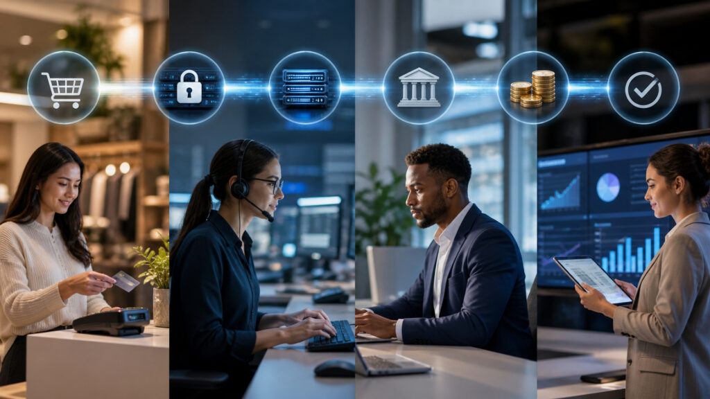 Editorial business scene illustrating payment processing solutions