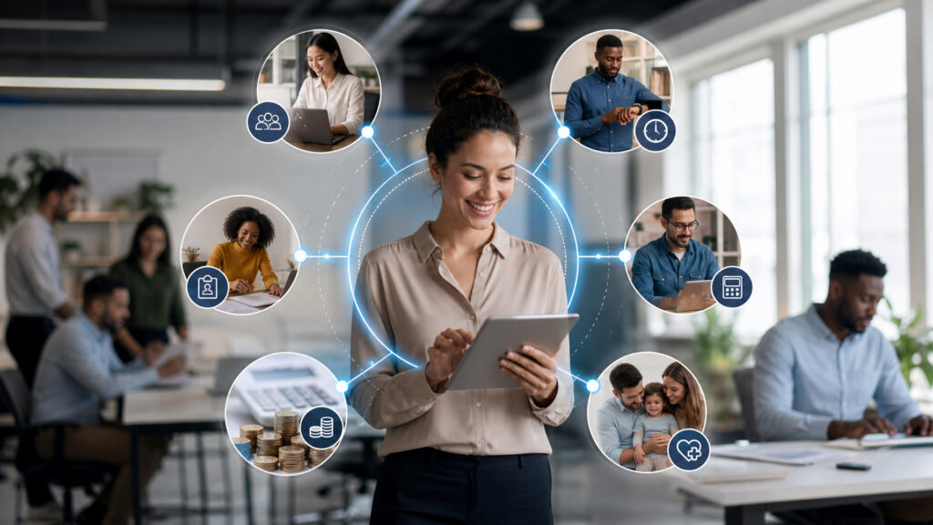 Editorial business scene illustrating payroll & hr software