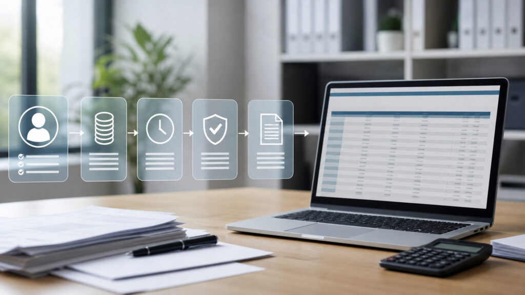 Editorial business scene illustrating payroll software