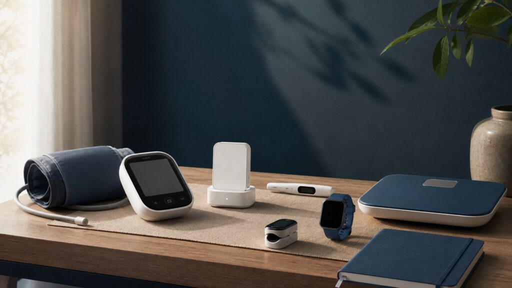 People-free editorial still life illustrating personal health devices