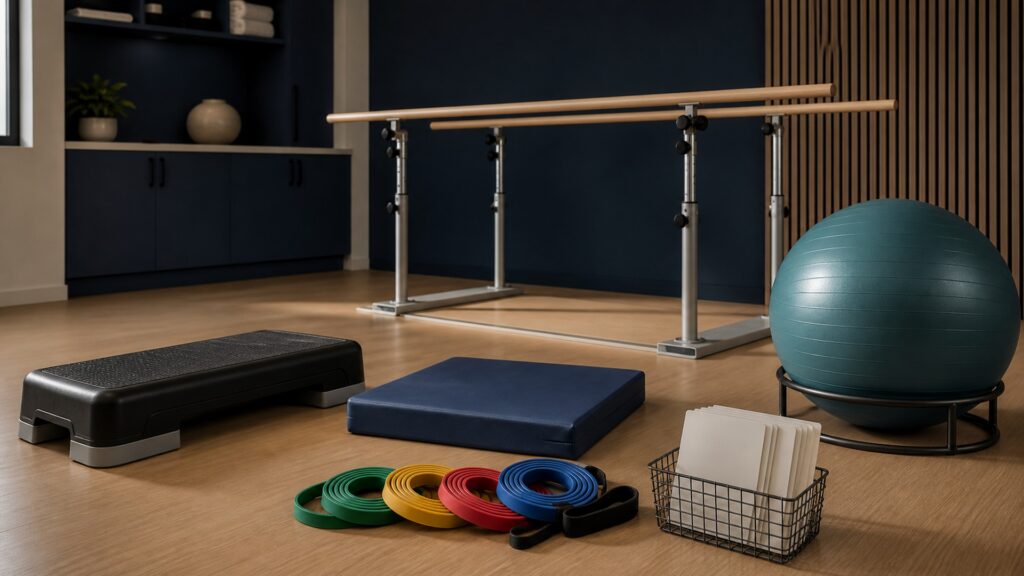 People-free editorial still life illustrating rehabilitation goal equipment setup graded input movement feedback progression and functional transfer pathway