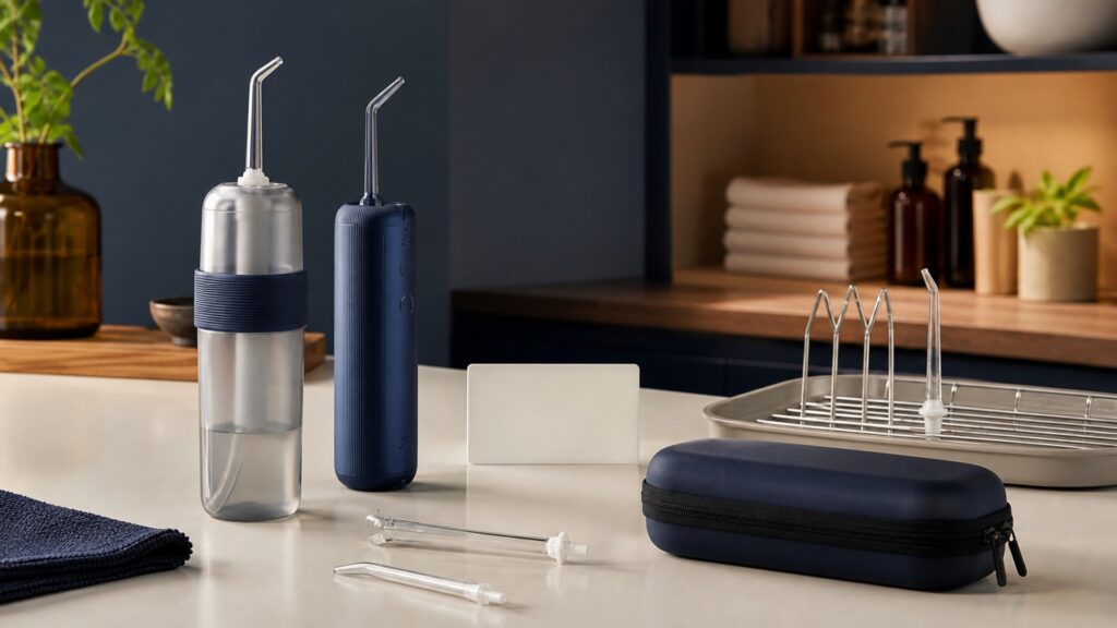 People-free editorial still life illustrating clean-water reservoir manual squeeze or pump pressure nozzle-directed stream soil removal runoff drying and device hygiene